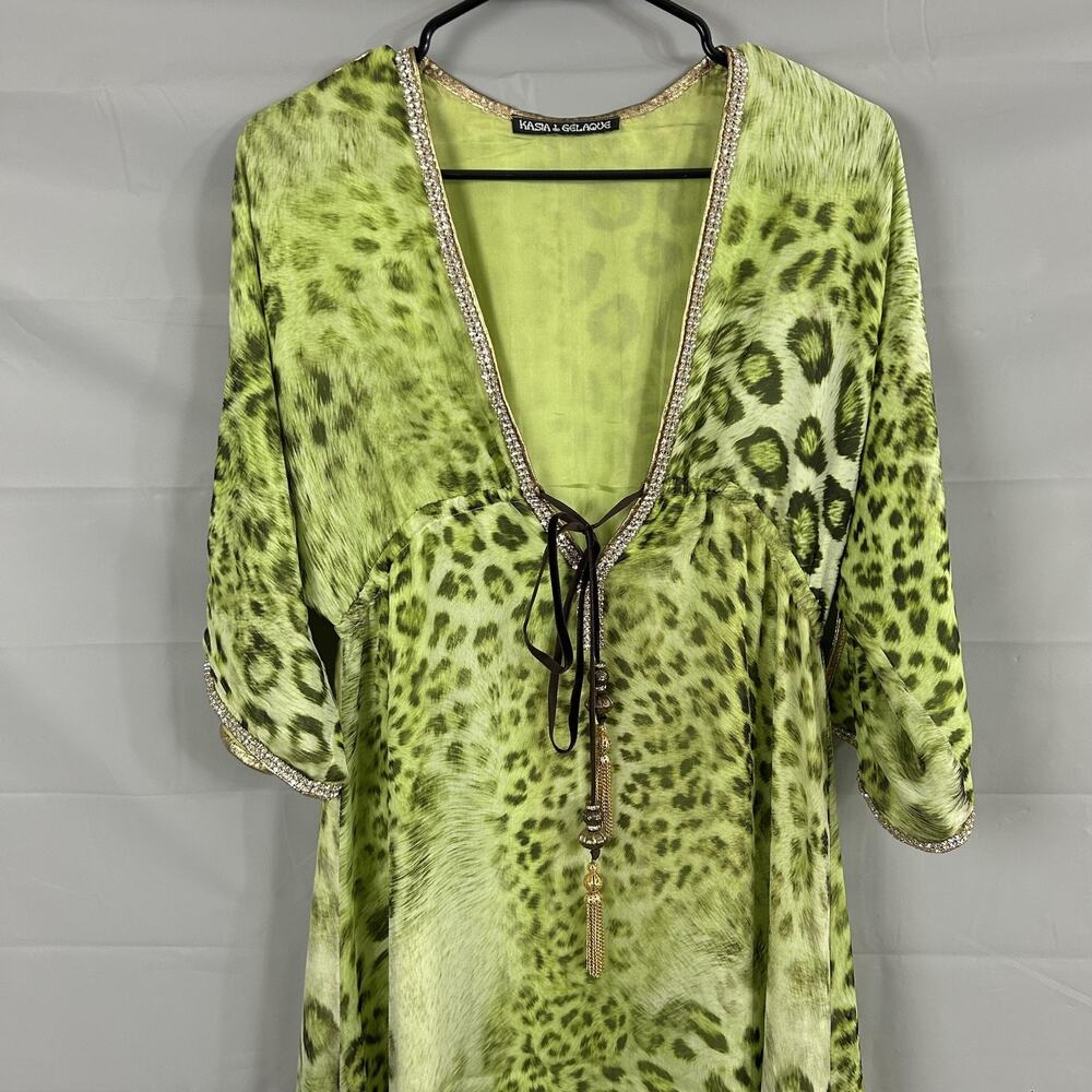 Kasia De Gelaque Dress One Size Kaftan Silk Maxi Leopard Green Rhinestone Boho - Picture 2 of 12